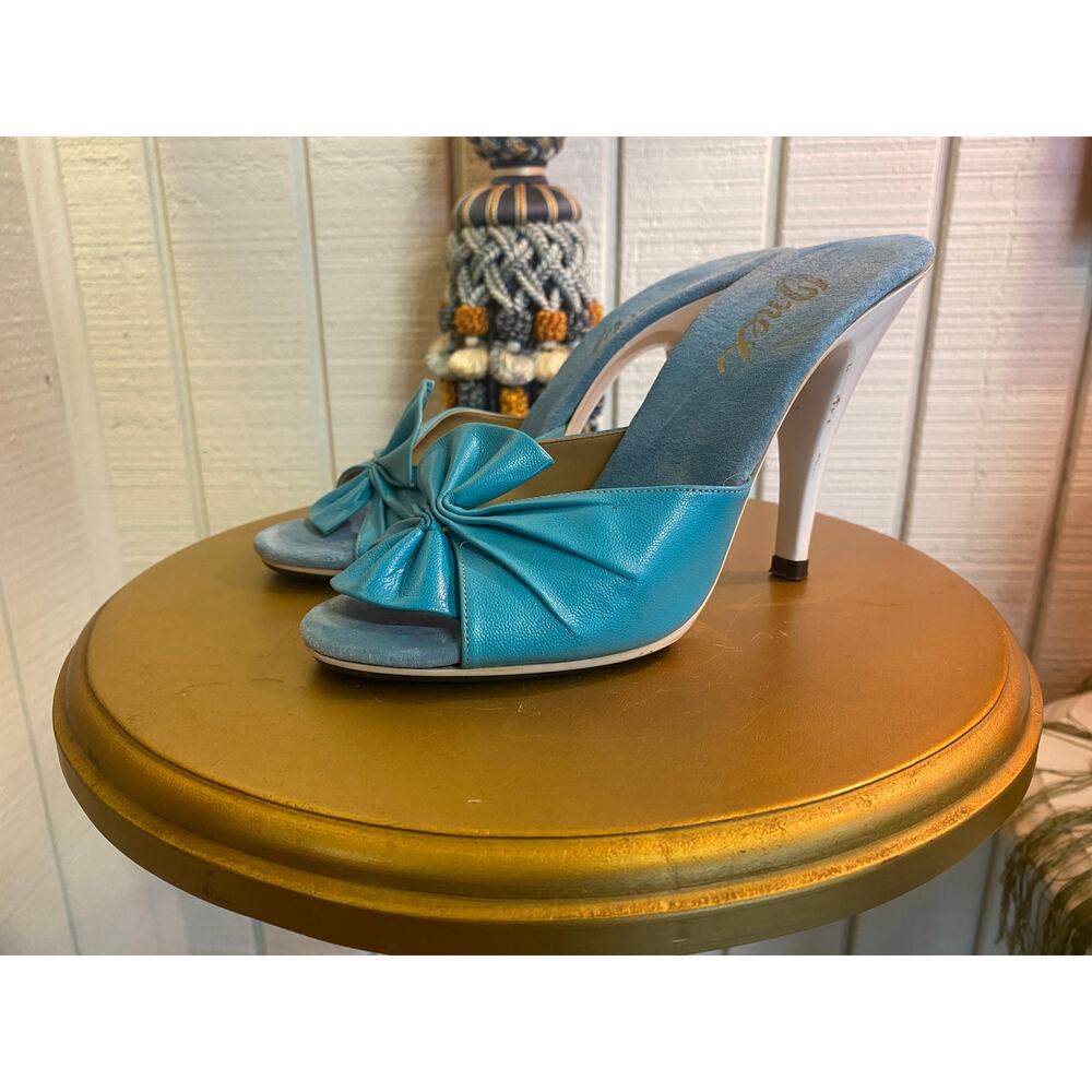 vintage 1970s aqua leather high heel mules 70s shoes Onex pin up 50s style 5 6
